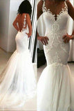 Elegant Mermaid White V Neck Appliques Wedding Dresses, Tulle Beach Wedding Gowns W1170