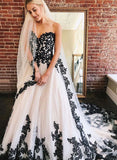 A Line Sweetheart Strapless White Tulle Black Lace Appliques Formal Prom Dresses P1417