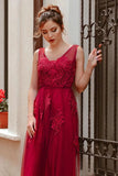 Elegant V-Neck Burgundy Beads Appliques Lace Evening Dresses Long Prom Dresses P1197