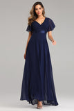 Flowy V-Neck Short Sleeve Chiffon Prom Dresses XU90812