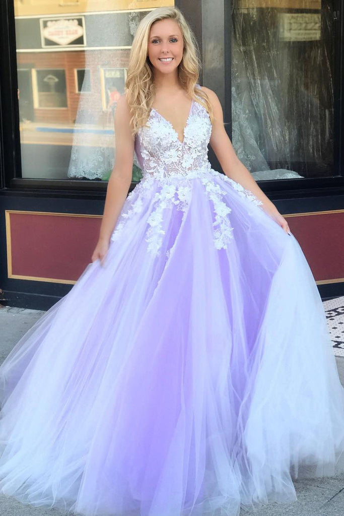Gorgeous 3D Floral Appliques Tulle V Neck Lavender Prom Dresses, Evening Dresses PW841