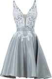 A Line Beaded Short Prom Gown V-Neck Appliques Graduation Party Dress