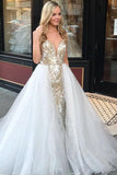 Sheath Spaghetti Straps White Detachable Train Prom Dress with Appliques, Quinceanera Dresses P1274