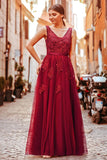 Elegant V-Neck Burgundy Beads Appliques Lace Evening Dresses Long Prom Dresses P1197