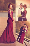 A Line Sweetheart Burgundy Lace Appliques Long Sleeve Prom Dress