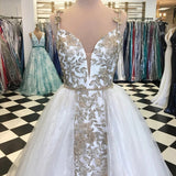 Sheath Spaghetti Straps White Detachable Train Prom Dress with Appliques Quinceanera Dress P1274