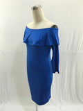 Charming Royal Blue Off the Shoulder Long Sleeve Prom Dresses Sheath Prom Gowns FP2515