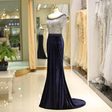 Gorgeous Mermaid Short Sleeve Beading Velvet Sweep Train Prom Dress Party Dress WH60726