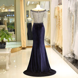 Gorgeous Mermaid Short Sleeve Beading Velvet Sweep Train Prom Dress Party Dress WH60726