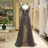 A Line Deep V-Neck Long Sleeve Beading Tulle Sweep Train Prom Dress Party Dress WH80722