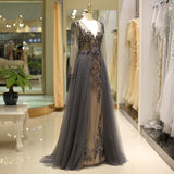 A Line Deep V-Neck Long Sleeve Beading Tulle Sweep Train Prom Dress Party Dress WH80722