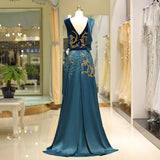 A Line V-Neck Sleeveless Beading Satin Sweep Train Prom Dress WH72728