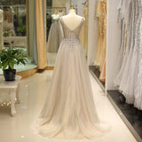 Gorgeous A Line V Back Sleeveless Beading Tulle Court Train Prom Dress Sequins Party Dress WH48712