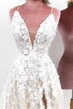 Unique Spaghetti Straps Lace Appliques V-Neck Wedding Dress Long Wedding Gowns W1184