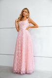 Sweet Pink Flower Prom Dresses Long Lace Straps Party Dresses