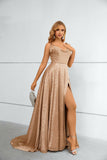 A Line Straps Long Prom Dresses with Split Party Dresses