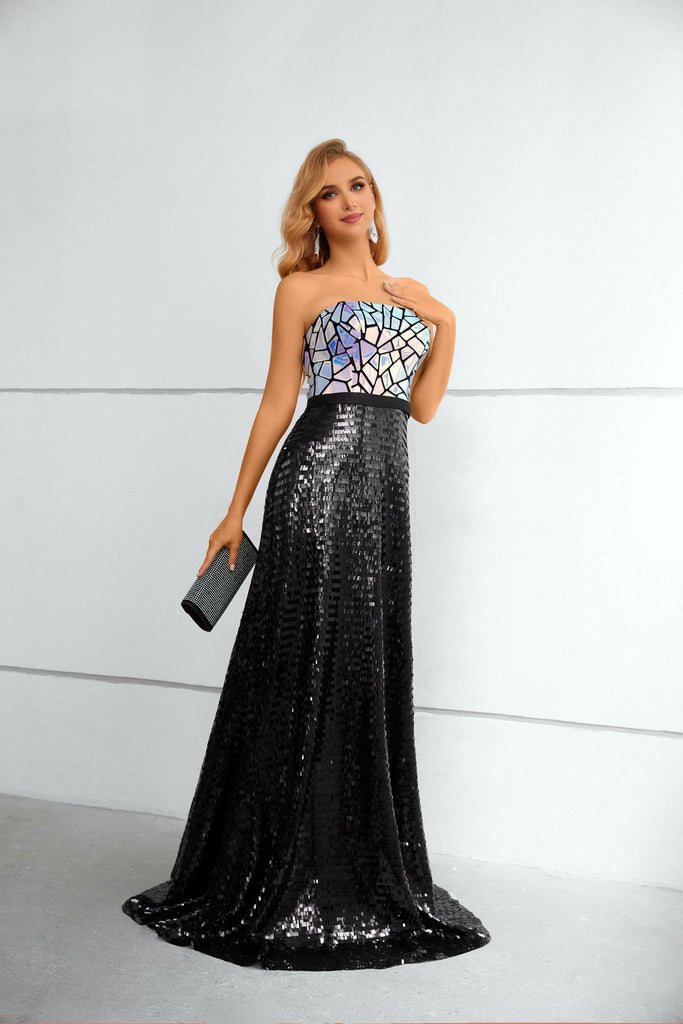 Unique Shiny Strapless Prom Dresses Sequins Long Evening Dresses