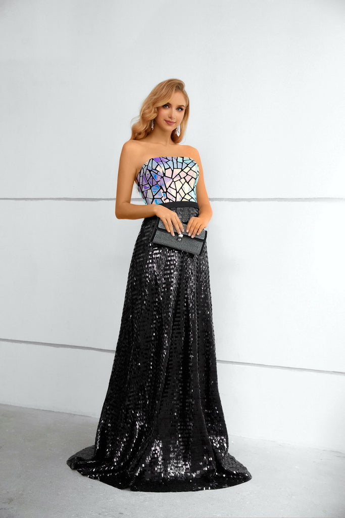 Unique Shiny Strapless Prom Dresses Sequins Long Evening Dresses