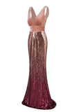 Sexy Sequins Mermaid V-Neck Burgundy Velvet Long Prom Dresses Backless Evening Dresses XU90802