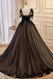 Black A-line Long Tulle Prom Dress with Bowknot LJ0572