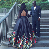 Long Sleeve Two Piece Black Floral Prom Dresses with Beading Lace Evening Dresses PW757