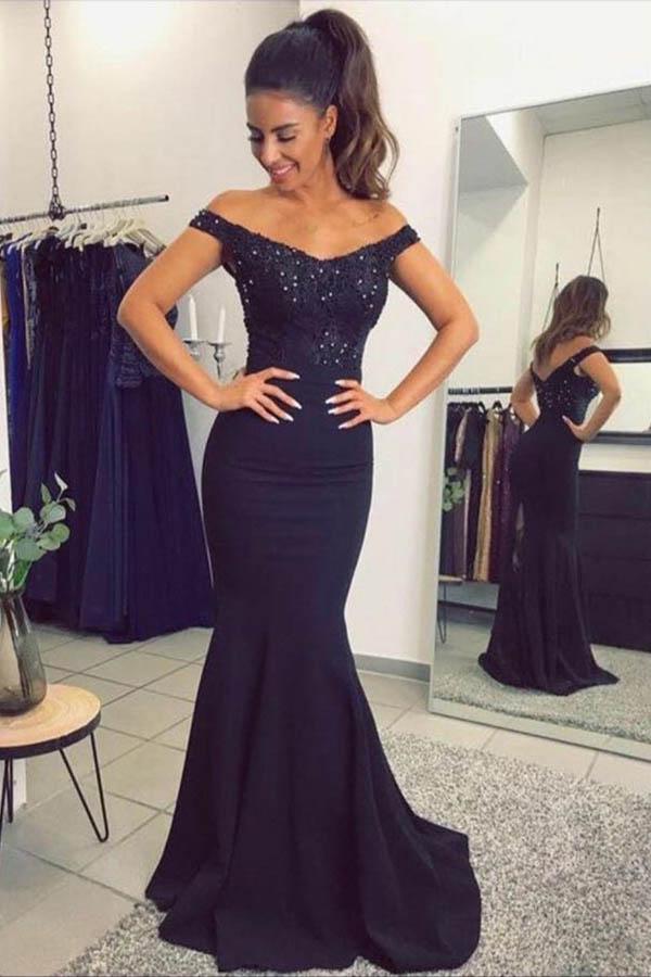 Mermaid Off the Shoulder Navy Blue Sweetheart Prom Dresses with Sequins PW577