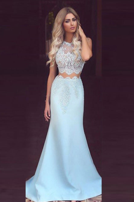 Mermaid Round Neck Neck Sky Blue Satin Prom Dress with Lace, Evening Dresses PW642