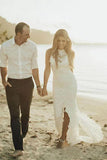 Charming Sheath Lace Bridal Gown with Slit Open Back Ivory Boho Wedding Dresses W1107