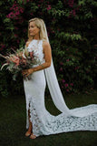 Charming Sheath Lace Bridal Gown with Slit Open Back Ivory Boho Wedding Dresses W1107