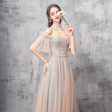 Elegant Off Shoulder Floor Length Tulle Prom Dress Lace up Bridesmaid Dress P1232