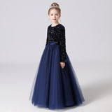 Black Tulle Long Sleeve Floor Length Flower Girl Dress With Sequins