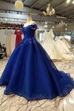 Off Shoulder Royal Blue Evening Dresses with 3D Floral Lace Ball Gown Quinceanera Dresses PW491