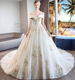 Off the Shoulder Ball Gown Sweetheart Wedding Dress Long Appliques Bridal Dress PW619