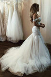 Off the Shoulder Mermaid Tulle Wedding Dresses Lace Appliques Bridal Gown uk PW448