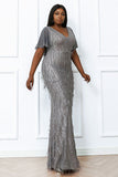 Plus Size Cloak Short Sleeve V-Neck Mermaid Sequins Tassels Prom Dresses