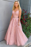 Cute A-Line Two Pieces Pink Prom Dresses With Lace, Long Evening Dresses PD1104