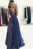 Sexy A Line Deep V Neck Long Blue Prom Dresses Evening Gown PD1118