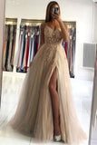 Modest A Line V-Neck Appliques High Slit Tulle Prom Dress Formal Gowns