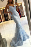 Elegant Mermaid V-Neck Light Blue Lace Prom Dresses Evening Gowns