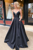 Chic A Line Spaghetti Straps Black Satin Prom Dresses Long Evening Dresses