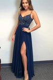 Sexy A Line Spaghetti Straps Navy Blue Long Prom Dresses