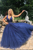 A Line Deep V-Neck Navy Blue Appliques Tulle Long Prom Dresses