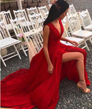 Sexy V-Neck Slit Split Red Evening Dresses Formal Dresses Prom Dresses uk PM709