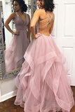 Pink Tulle V Neck Criss Cross Ruffles Long Prom Dress,Cheap Evening Dresses PW599