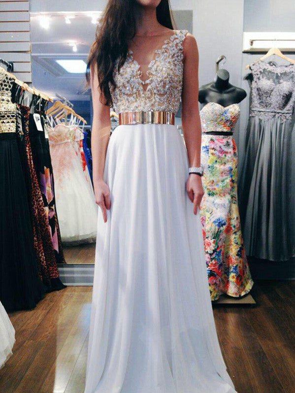 Luxurious A Line V-Neck Long Chiffon Empire Evening/Formal Party/Prom Dresses With Beading