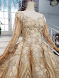 Long Sleeve Ball Gown Beads Lace Appliques Prom Dresses Sequins Quinceanera Dresses P1159