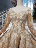 Long Sleeve Ball Gown Beads Lace Appliques Prom Dresses Sequins Quinceanera Dresses P1159