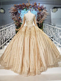 Long Sleeve Ball Gown Beads Lace Appliques Prom Dresses Sequins Quinceanera Dresses P1159