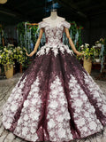 Ball Gown Off the Shoulder V-Neck Satin Prom Dress with Hand Made Flowers Quinceanera Dress P1364