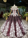 Ball Gown Off the Shoulder V-Neck Satin Prom Dress with Hand Made Flowers Quinceanera Dress P1364